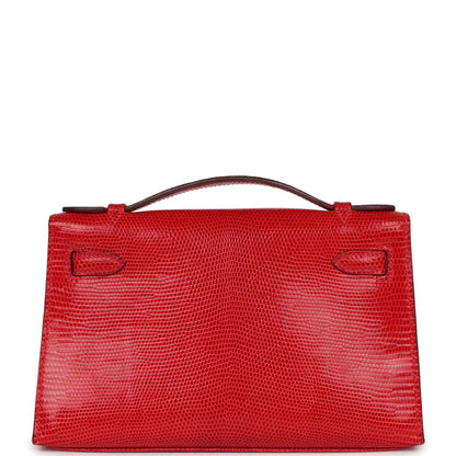 Hermes Kelly Pochette Rouge Vif Lizard Ruthenium Hardware