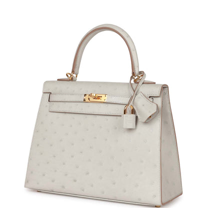 Hermes Kelly Sellier 25 Gris Perle Ostrich Gold Hardware