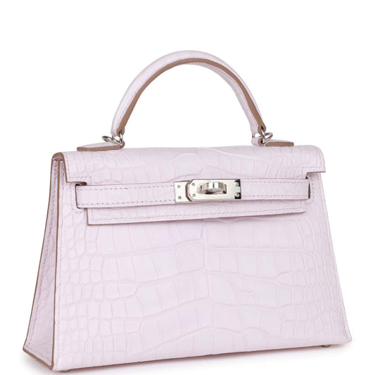 Hermes Kelly Sellier 20 Mauve Pale Satin Boreal Alligator Palladium Hardware