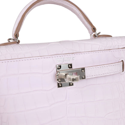 Hermes Kelly Sellier 20 Mauve Pale Satin Boreal Alligator Palladium Hardware