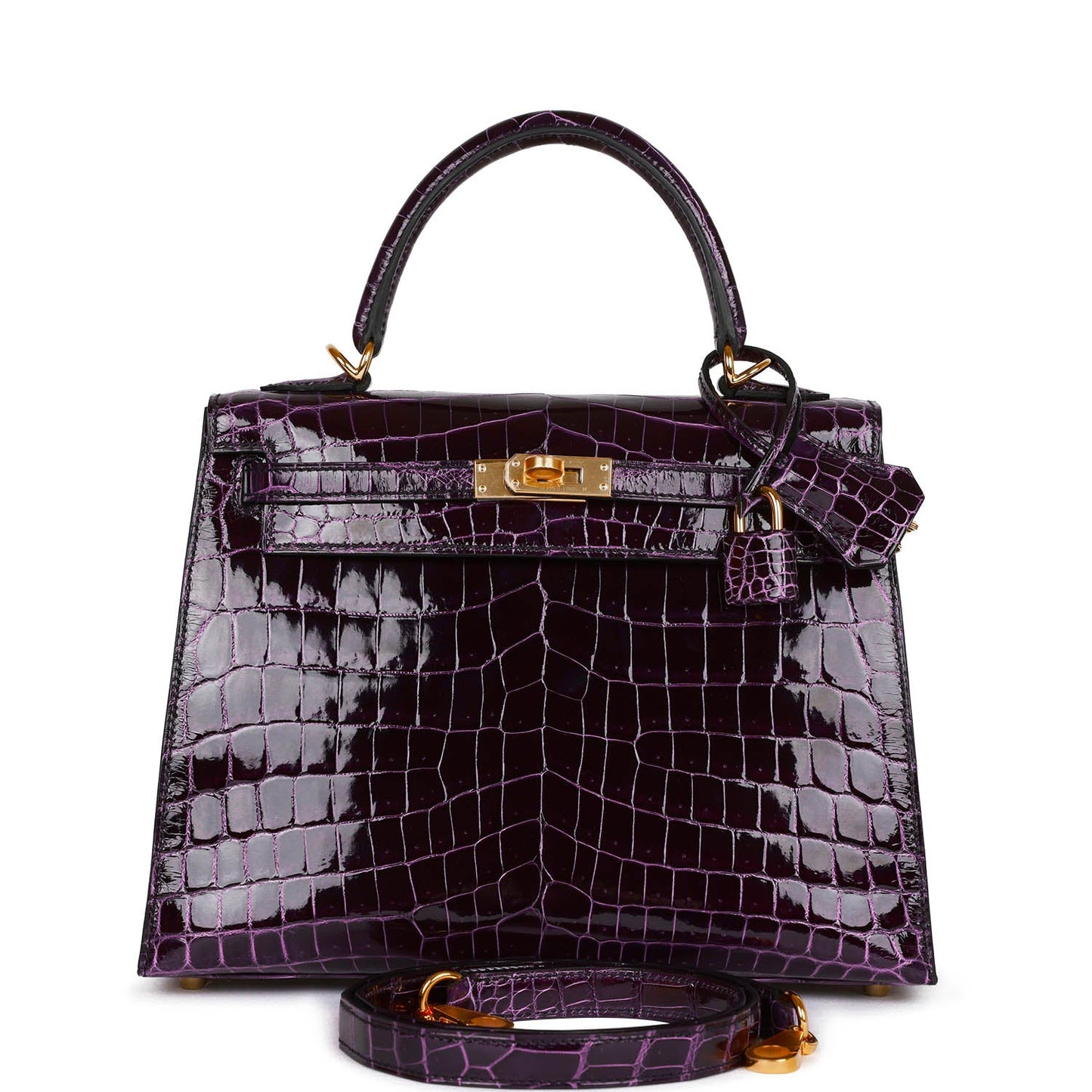 Hermes Kelly Sellier 25 Aubergine Shiny Niloticus Crocodile Gold Hardware