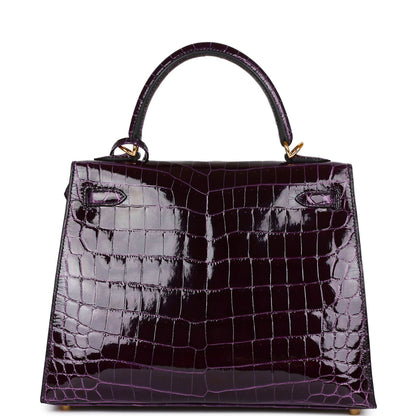 Hermes Kelly Sellier 25 Aubergine Shiny Niloticus Crocodile Gold Hardware