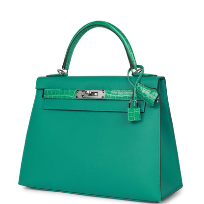 Hermes Kelly Sellier 28 Vert Verone Madame and Shiny Niloticus Crocodile Touch Palladium Hardware