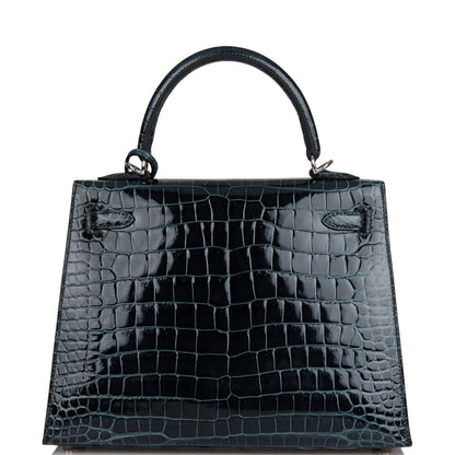 Hermes Kelly Sellier 25 Vert Rousseau Shiny Niloticus Crocodile Palladium Hardware