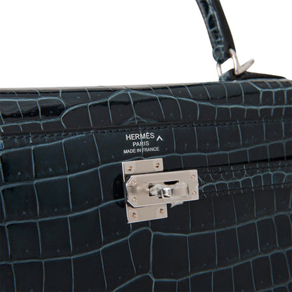 Hermes Kelly Sellier 25 Vert Rousseau Shiny Niloticus Crocodile Palladium Hardware