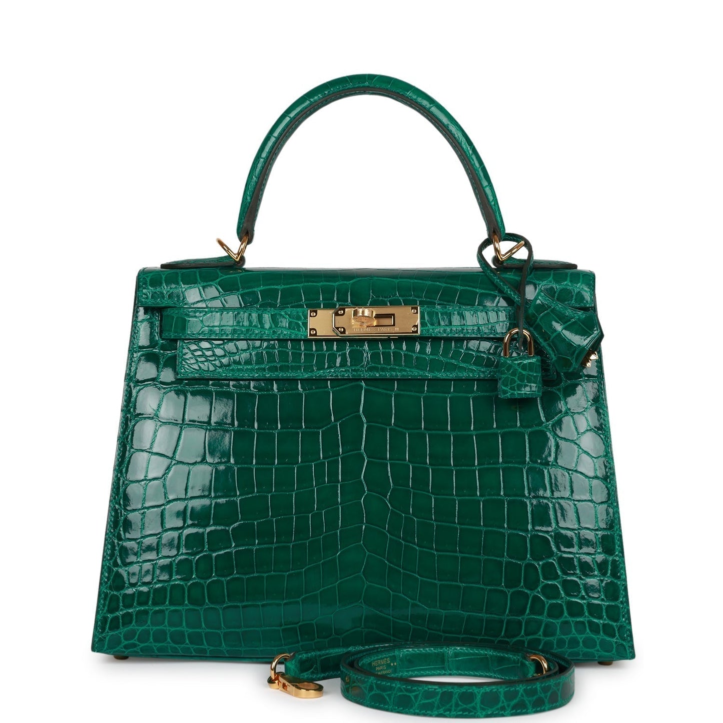 Hermes Special Order (HSS) Kelly Sellier 28 Emerald Shiny Niloticus Crocodile Gold Hardware