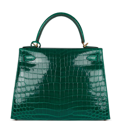 Hermes Special Order (HSS) Kelly Sellier 28 Emerald Shiny Niloticus Crocodile Gold Hardware