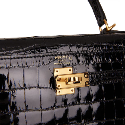 Hermes Kelly Sellier 25 Black Shiny Alligator Gold Hardware