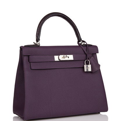 Hermes Kelly Retourne 28 Raisin Togo and Prunoir Alligator Touch Palladium Hardware