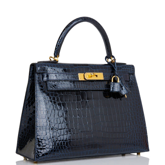 Hermes Kelly Sellier 28 Bleu Baltique Shiny Porosus Crocodile Gold Hardware