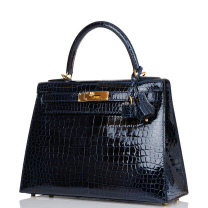 Hermes Kelly Sellier 28 Bleu Baltique Shiny Porosus Crocodile Gold Hardware