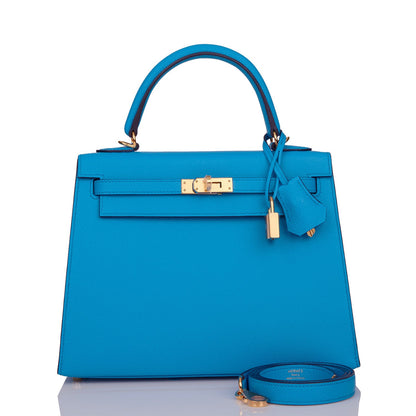 Hermes Kelly Sellier 25 Bleu Frida Epsom Gold Hardware