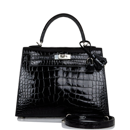 Hermes Kelly Sellier 25 Black Shiny Alligator Palladium Hardware