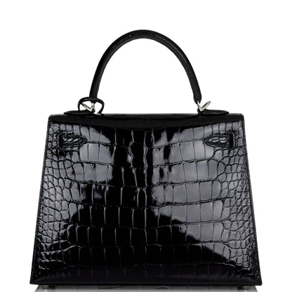 Hermes Kelly Sellier 25 Black Shiny Alligator Palladium Hardware