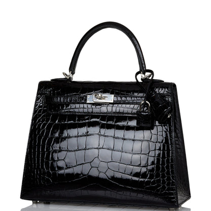 Hermes Kelly Sellier 25 Black Shiny Alligator Palladium Hardware