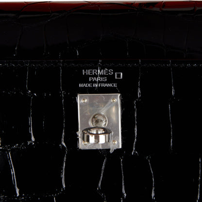 Hermes Kelly Sellier 25 Black Shiny Alligator Palladium Hardware