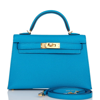 Hermes Kelly Sellier 20 Bleu Frida Chevre Gold Hardware