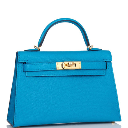 Hermes Kelly Sellier 20 Bleu Frida Chevre Gold Hardware