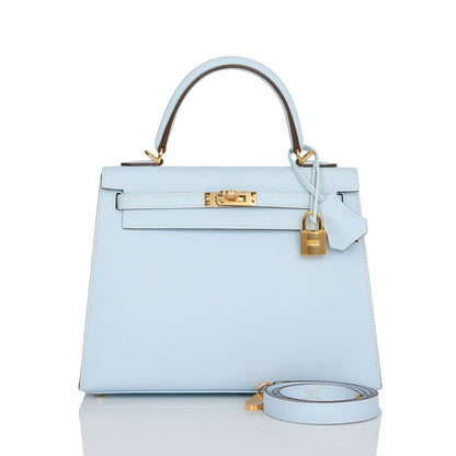 Hermes Kelly Sellier 25 Bleu Brume Epsom Gold Hardware