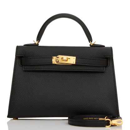 Hermes Kelly Sellier 20 Black Epsom Gold Hardware