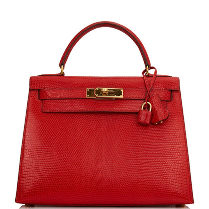 Hermes Kelly Sellier 28 Rouge Vif Lizard Niloticus Gold Hardware