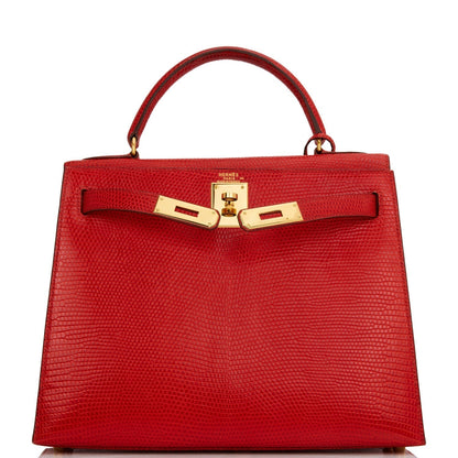 Hermes Kelly Sellier 28 Rouge Vif Lizard Niloticus Gold Hardware