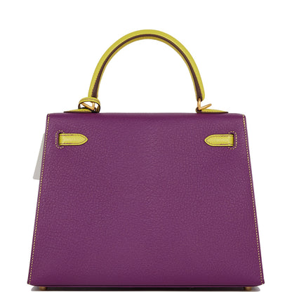 Hermes Special Order (HSS) Kelly Sellier 25 Anemone and Lime Chevre Brushed Gold Hardware