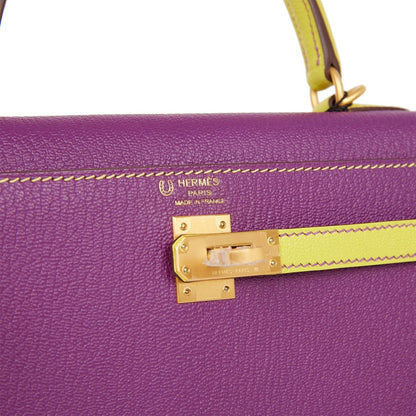 Hermes Special Order (HSS) Kelly Sellier 25 Anemone and Lime Chevre Brushed Gold Hardware