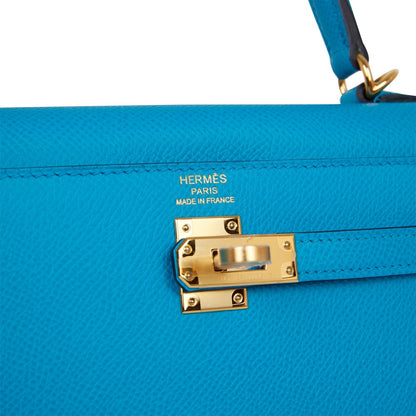 Hermes Kelly Sellier 25 Bleu Frida Epsom Gold Hardware