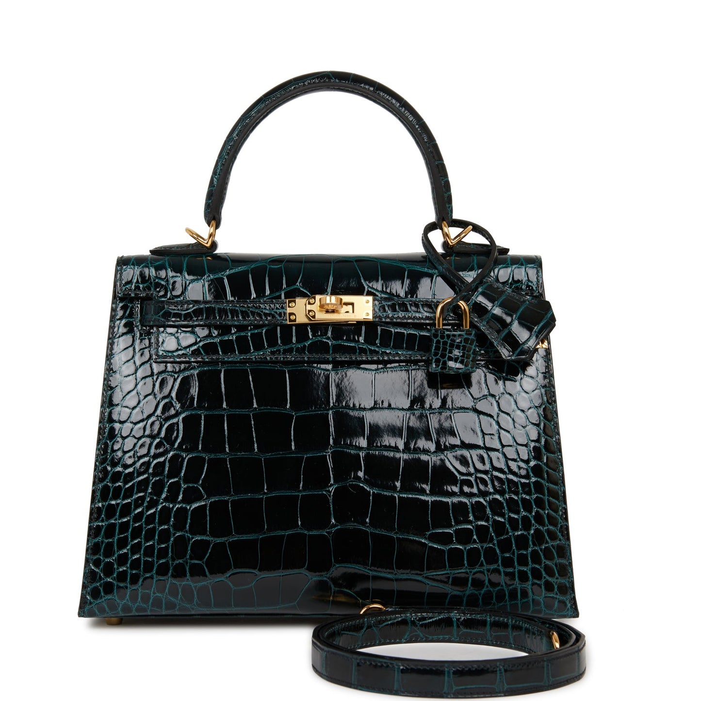 Hermes Kelly Sellier 25 Vert Rousseau Shiny Alligator Gold Hardware