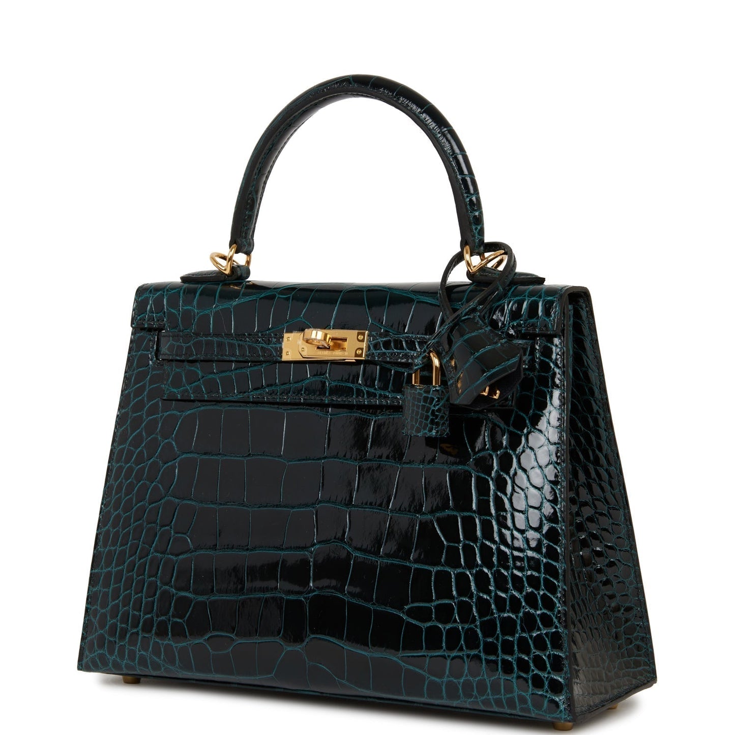 Hermes Kelly Sellier 25 Vert Rousseau Shiny Alligator Gold Hardware