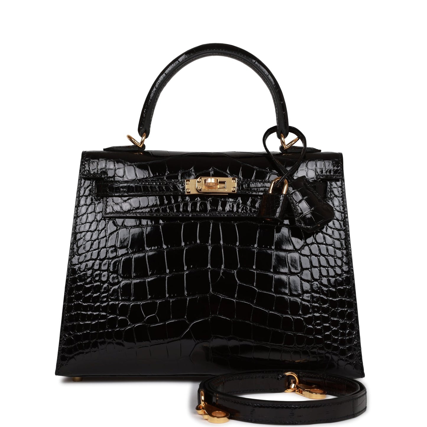 Hermes Kelly Sellier 25 Black Shiny Alligator Gold Hardware