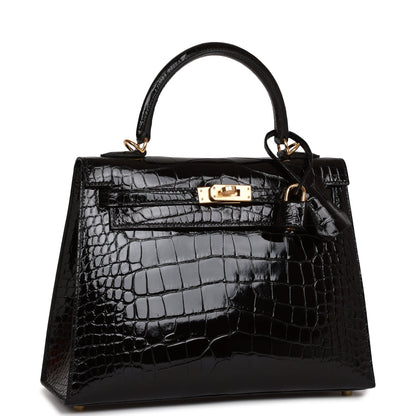 Hermes Kelly Sellier 25 Black Shiny Alligator Gold Hardware