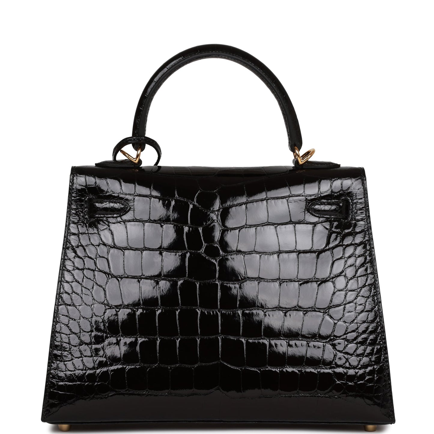 Hermes Kelly Sellier 25 Black Shiny Alligator Gold Hardware