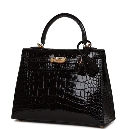 Hermes Kelly Sellier 25 Black Shiny Alligator Gold Hardware