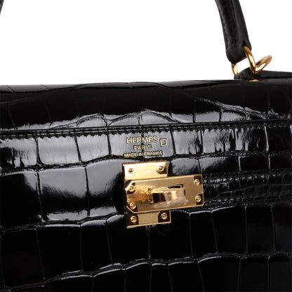 Hermes Kelly Sellier 25 Black Shiny Alligator Gold Hardware