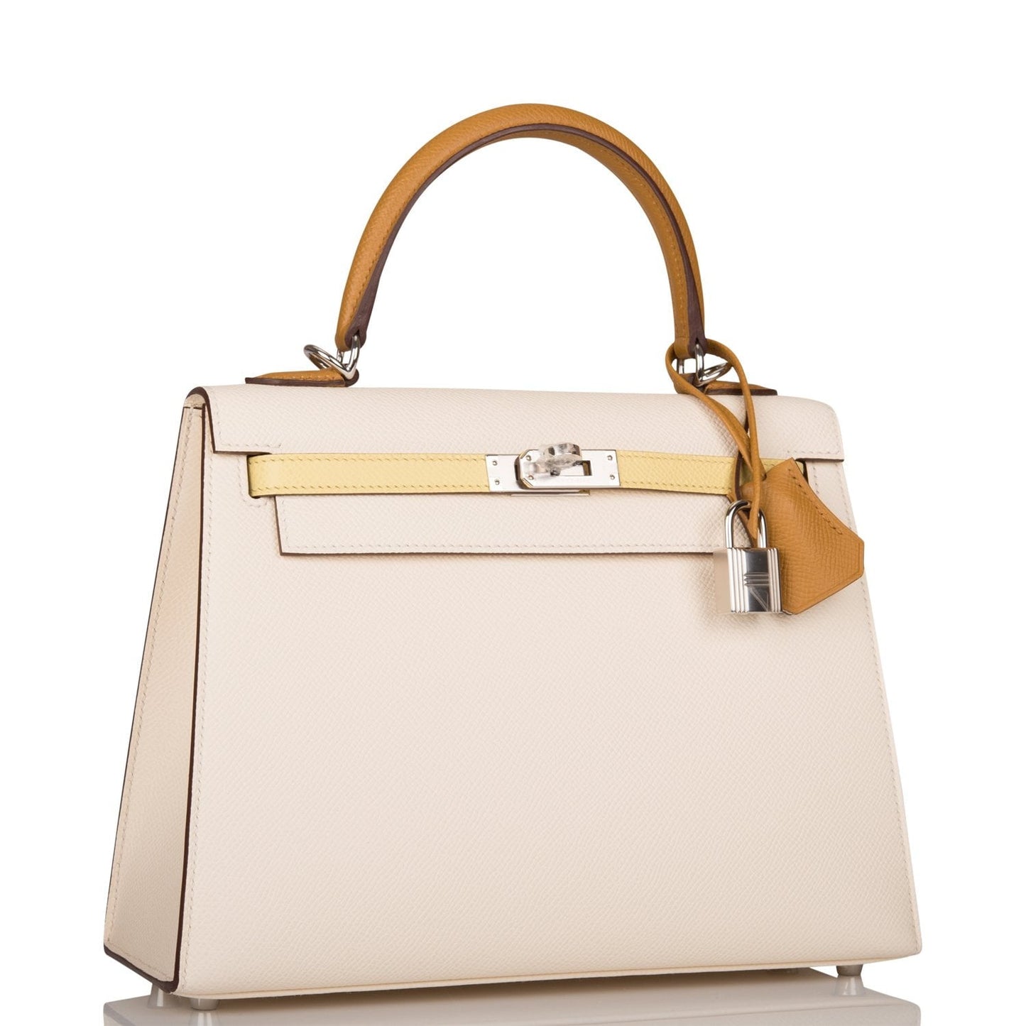 Hermes Kelly Sellier 25 Tri-Color Nata, Jaune Poussin and Sesame Epsom Palladium Hardware