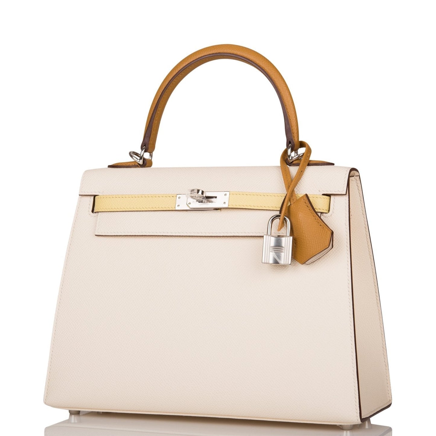 Hermes Kelly Sellier 25 Tri-Color Nata, Jaune Poussin and Sesame Epsom Palladium Hardware