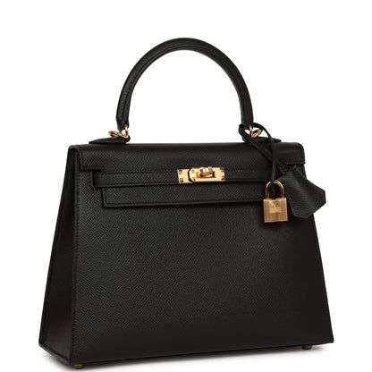 Hermes Kelly Sellier 25 Black Epsom Gold Hardware