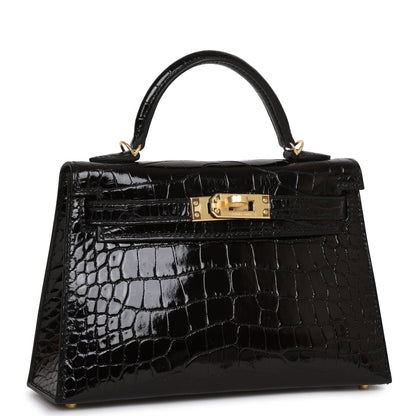 Hermes Kelly Sellier 20 Black Shiny Alligator Gold Hardware