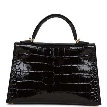 Hermes Kelly Sellier 20 Black Shiny Alligator Gold Hardware