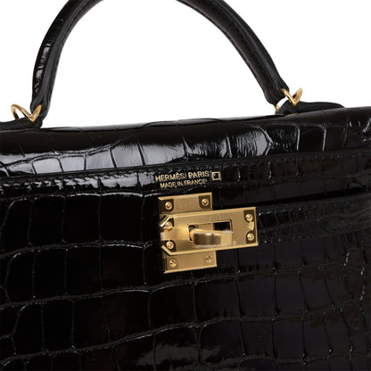 Hermes Kelly Sellier 20 Black Shiny Alligator Gold Hardware