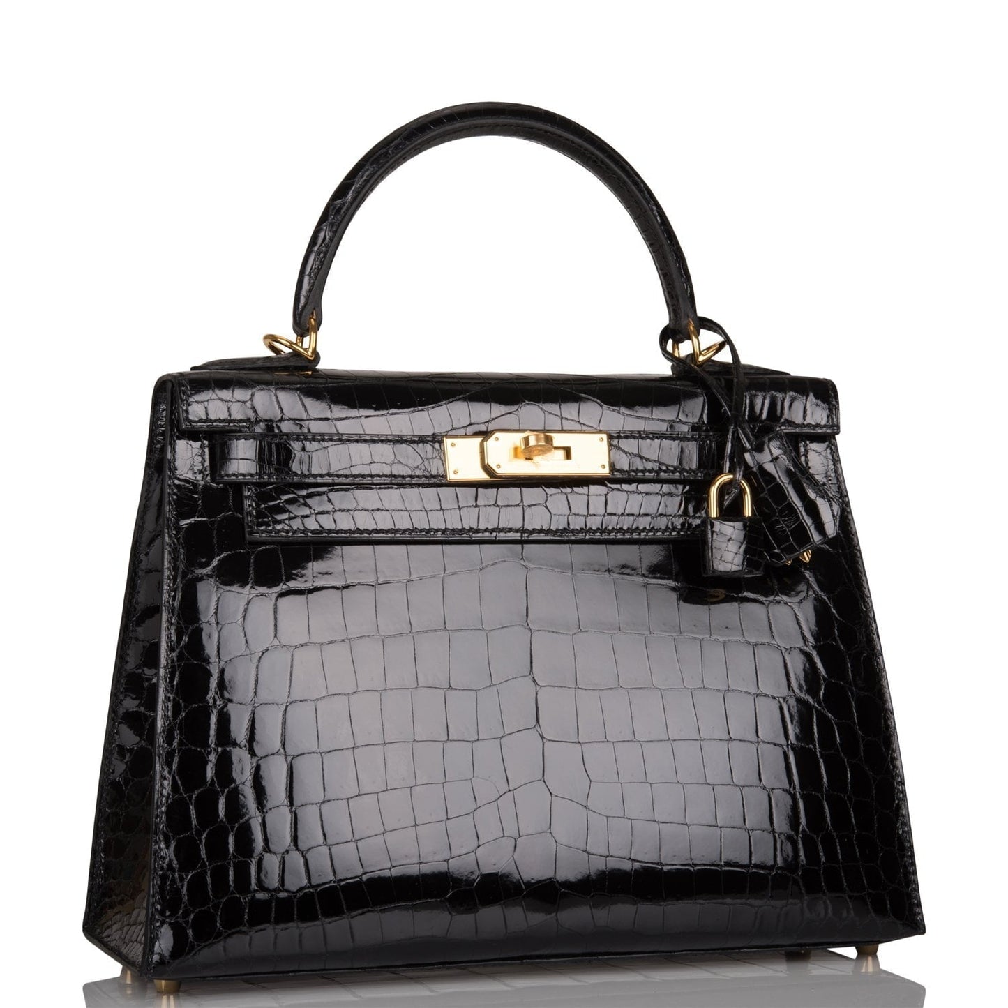 Hermes Kelly Sellier 28 Black Shiny Niloticus Crocodile Gold Hardware