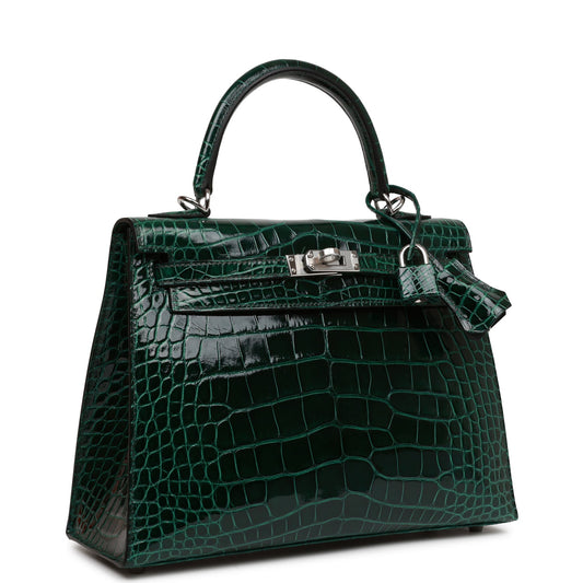 Hermes Kelly Sellier 25 Vert Fonce Shiny Alligator Palladium Hardware