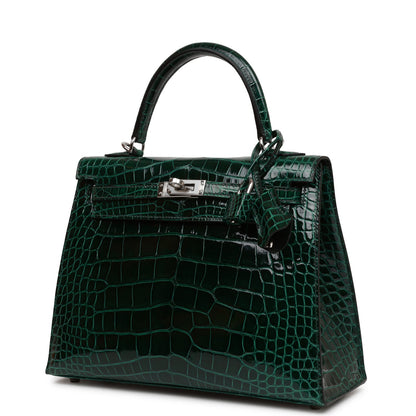 Hermes Kelly Sellier 25 Vert Fonce Shiny Alligator Palladium Hardware