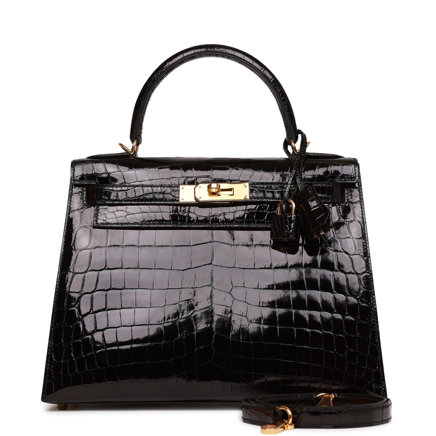 Hermes Kelly Sellier 28 Black Shiny Niloticus Crocodile Gold Hardware