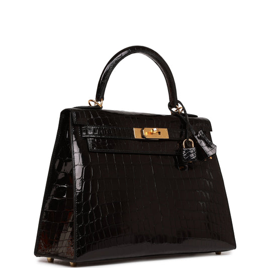 Hermes Kelly Sellier 28 Black Shiny Niloticus Crocodile Gold Hardware