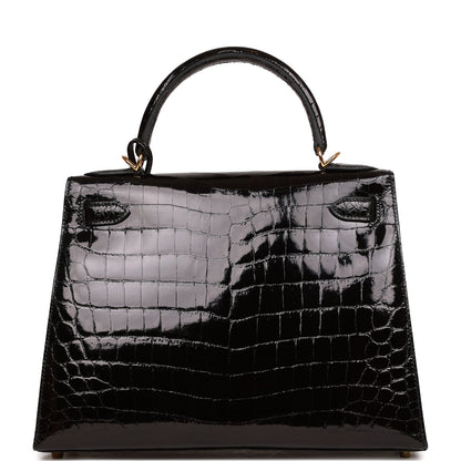 Hermes Kelly Sellier 28 Black Shiny Niloticus Crocodile Gold Hardware