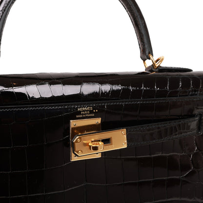 Hermes Kelly Sellier 28 Black Shiny Niloticus Crocodile Gold Hardware