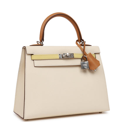 Hermes Kelly Sellier 25 Tri-Color Nata, Jaune Poussin and Sesame Epsom Palladium Hardware